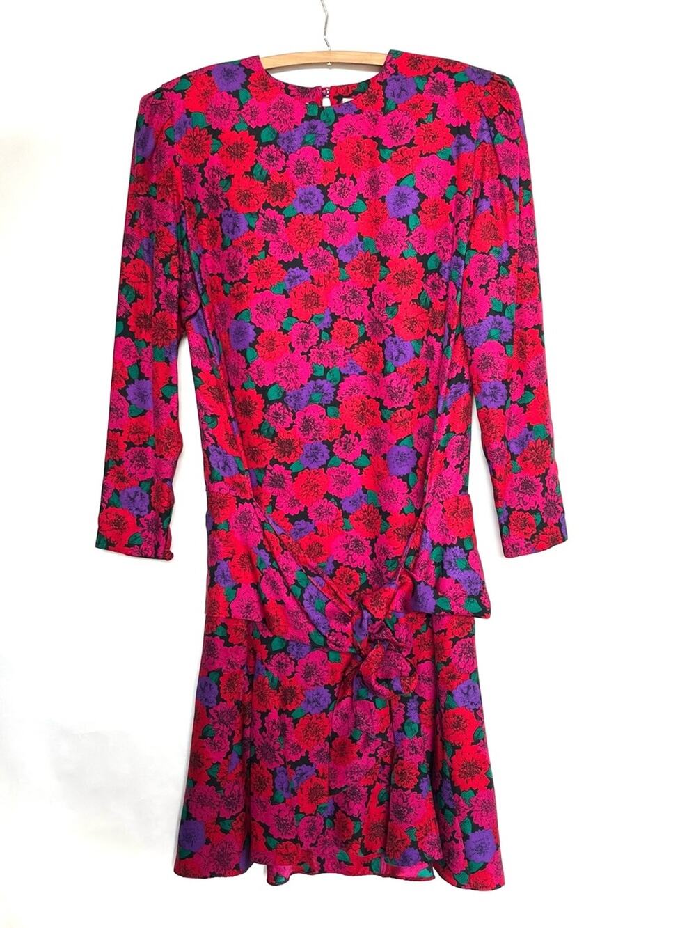 Vintage Liz Claiborne Bright Floral Silk Dress Size 12P Fuchsia Purple Green